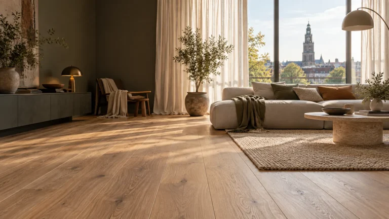 Lichte woonkamer met houten vloer en gordijnen